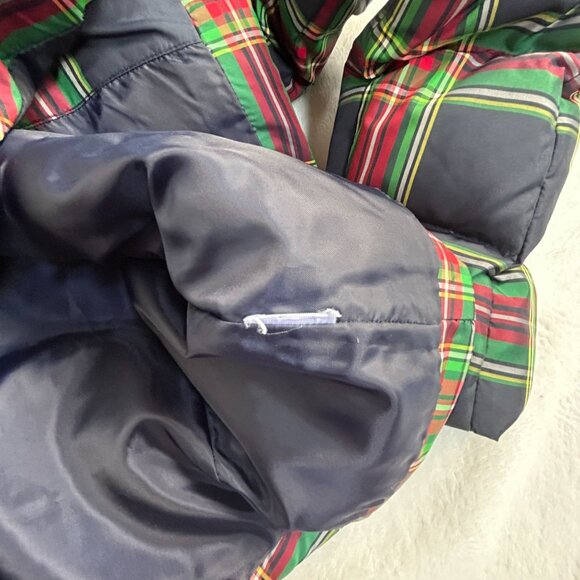 Talbots Womens Plaid Tartan Ruffle Accent Puffer Jacket Small Navy/Green Pockets - Picture 4 of 8